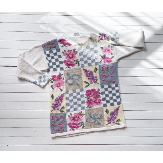 cottagecore sweater 80s 90s vintage white pink floral embroidered sweater