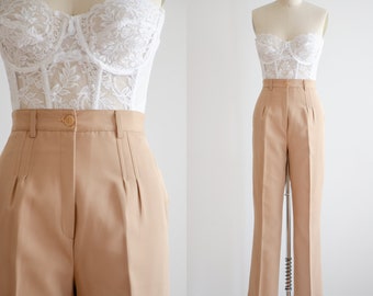 high waisted pants 70s 80s vintage Chaus tan straight leg trousers