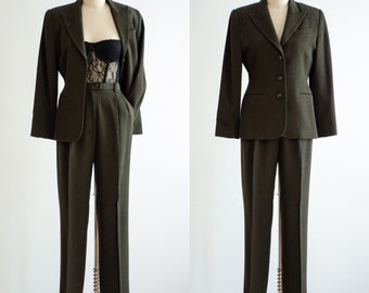 green wool suit 90s vintage Embassy Row olive green pantsuit