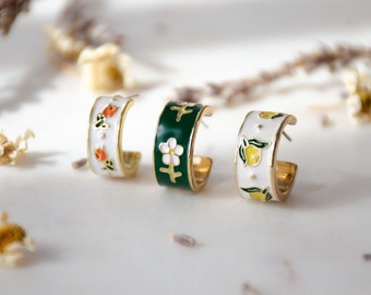 flower hoop earrings, cute cottagecore earrings, tiny dainty enameled tulip lemon daisy bohemian nature gift for her