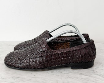 Vintage Italian Lorenzo Banfi Loafers 9.5 Brown Woven Leather Loafers Shoes