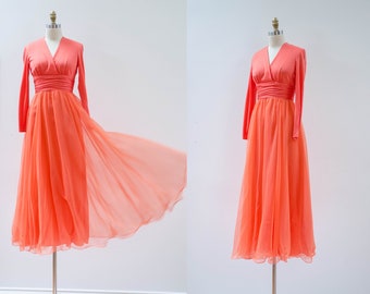 orange chiffon dress | 60s 70s vintage bright coral orange chiffon princess cottagecore full floor length party dress gown