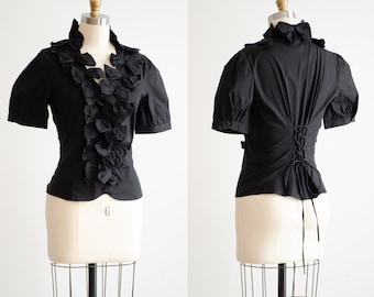 schwarze Korsett Bluse y2k vintage großer Schleife Kurzarm Shirt