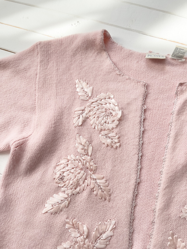 pastel pink sweater 80s 90s vintage soft fuzzy ribbon embroidered cardigan image 3