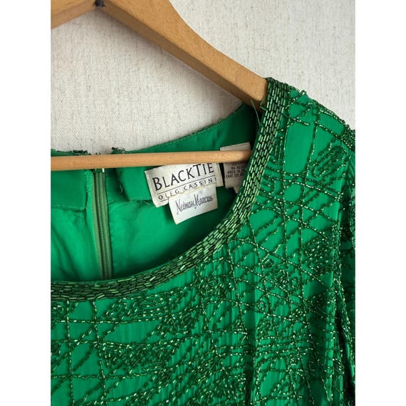 Oleg Cassini Black Tie Neiman Marcus Green Beaded Silk Cocktail Dress Vintage