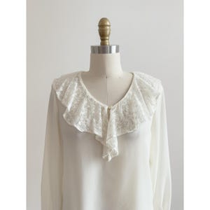 vtg 80s 90s sheer cream embroidered lace collar blouse shirt size S-M