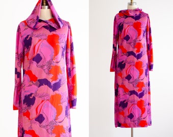 hot pink dress 60s 70s vintage psychedelic pattern long sleeve hooded maxi dress