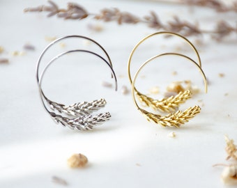 gold hoop earrings, wheat sheaf jewelry, dainty delicate jewelry, cottagecore jewelry