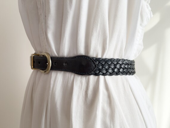 black braided leather belt 90s vintage woven blac… - image 1