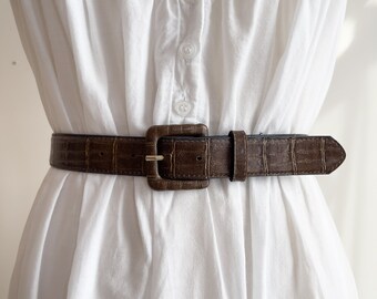 brown alligator belt 80s 90s vintage vegan faux leather belt