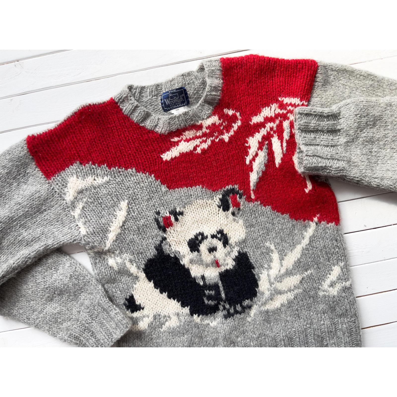 Gray Wool Sweater 80s 90s Vintage Woolrich Panda Bear Intarsia
