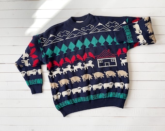 cute cottagecore sweater 80s 90s vintage Kotare New Zealand navy wool sheep pig farm animal country intarsia sweater