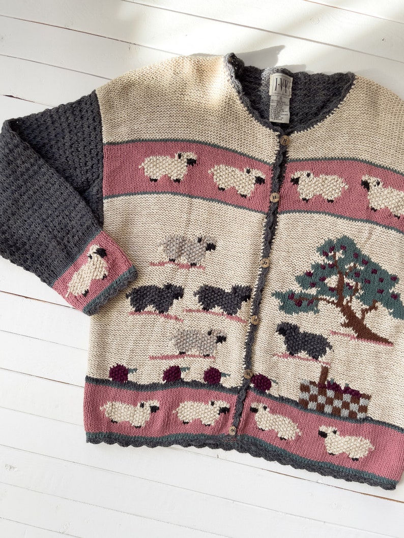 cute cottagecore sweater 90s vintage cream pink gray sheep farm knit cardigan image 2