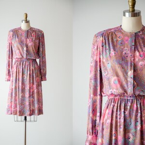 cute cottagecore dress 70s 80s vintage light brown pink purple floral long sleeve knee length dress image 1