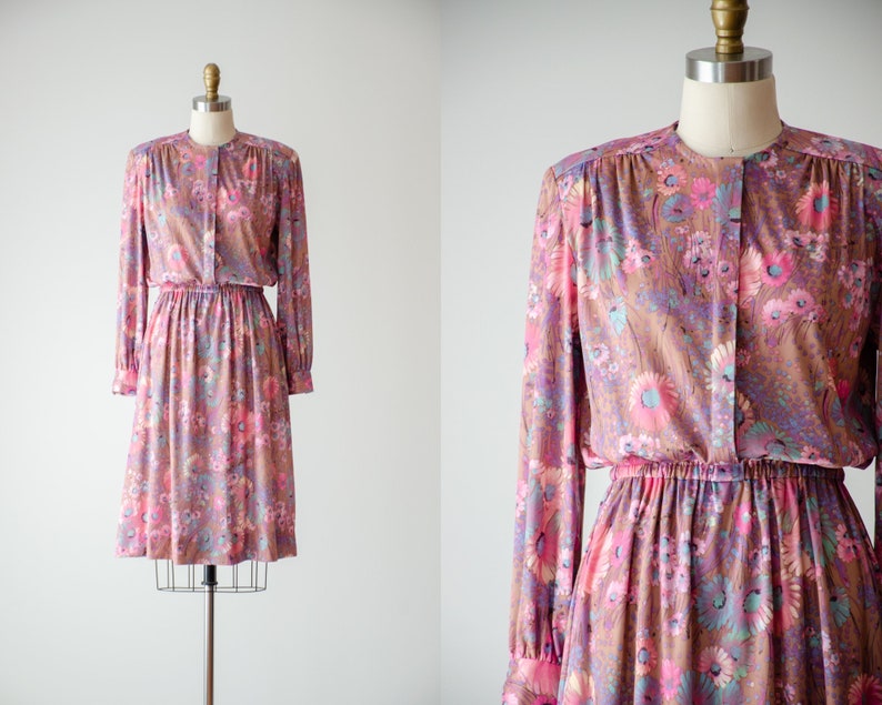 cute cottagecore dress 70s 80s vintage light brown pink purple floral long sleeve knee length dress image 1