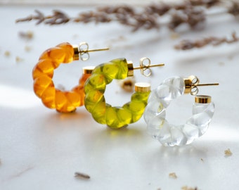 acrylic hoop earrings, orange green clear twisted hoops, chunky hoop studs