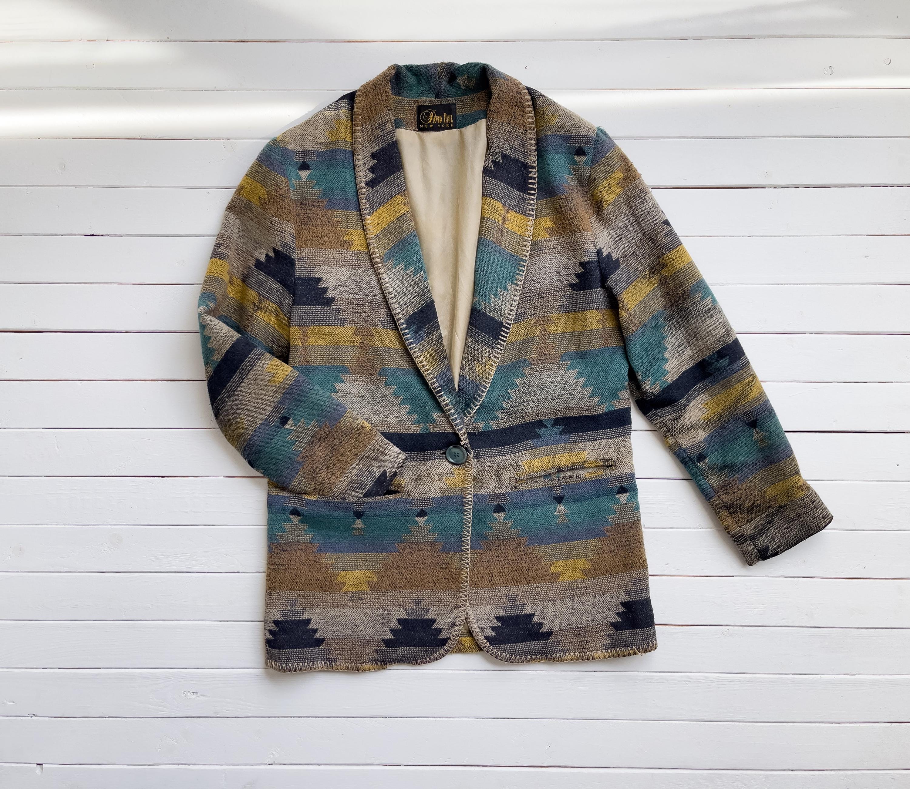 Blazer Jacket 80s 90s Vintage David Paul Aztec Southwestern Long