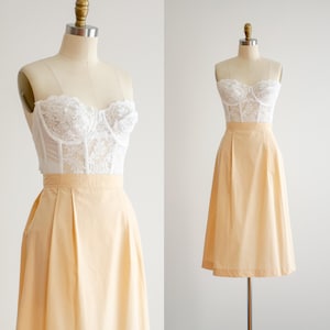 pastel cotton skirt 80s vintage peach a-line fit and flare knee length skirt