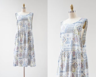 cute cottagecore dress | 80s 90s plus size vintage light sky blue white patchwork vintage sleeveless midi dress