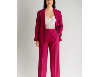 pink wool suit 80s vintage Austin Reed magenta wool gabardine straight leg pants pantsuit