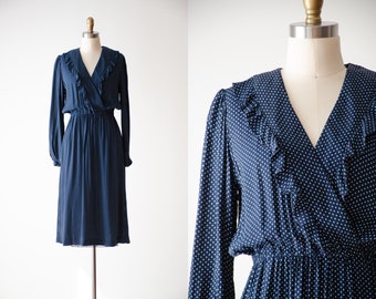 cute cottagecore dress | 70s vintage navy blue polka dot ruffled long sleeve dress