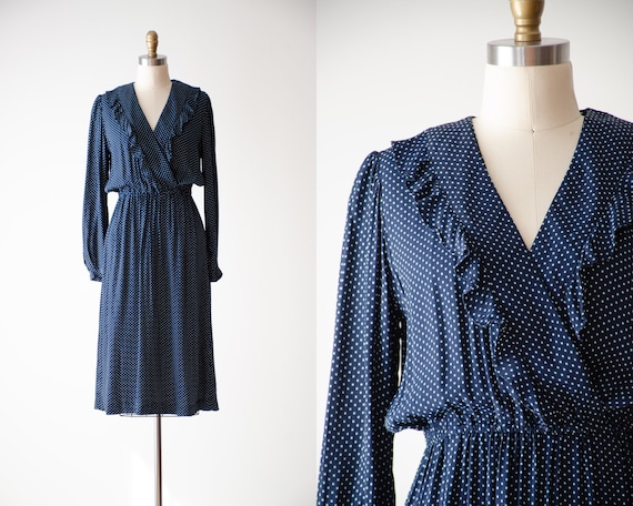 cute cottagecore dress | 70s vintage navy blue po… - image 1