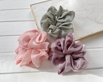 jumbo large silk organza chiffon scrunchies, cute pretty girly cottagecore hair accessories, scrunchy set