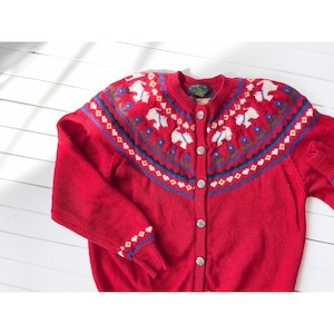 schattige cottagecore-trui jaren 80 en 90 vintage Fair Isle wit hondenrood wollen vest