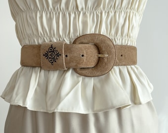 wide tan leather belt 80s 90s vintage embroidered beige suede statement belt