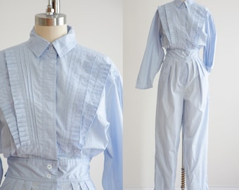 pastel blue jumpsuit 80s vintage cottagecore cotton long sleeve jumpsuit