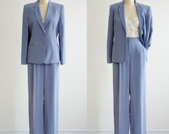 blue silk suit 90s y2k vintage Jones New York powder blue silk high waisted pants wide leg trousers blazer