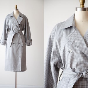 plaid trench coat 80s 90s vintage London Fog gray white dark academia cottagecore belted plaid cotton jacket image 1