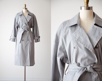 plaid trench coat | 80s 90s vintage London Fog gray white dark academia cottagecore belted plaid cotton jacket