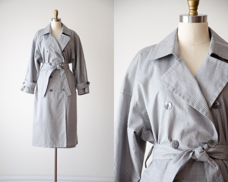 plaid trench coat 80s 90s vintage London Fog gray white dark academia cottagecore belted plaid cotton jacket image 1