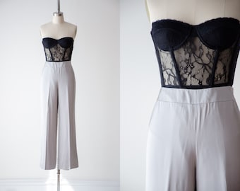 broek met wijde pijpen | Jaren 90 y2k vintage lichtgrijze zilveren zijde glanzende palazzo broek met wijde pijpen