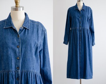 oversized denim dress 90s vintage L.L. Bean loose long sleeve denim midi dress