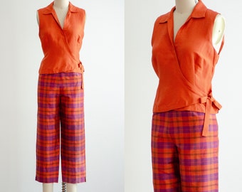 orange silk suit 90s y2k vintage bright purple plaid wrap shirt cropped pants set