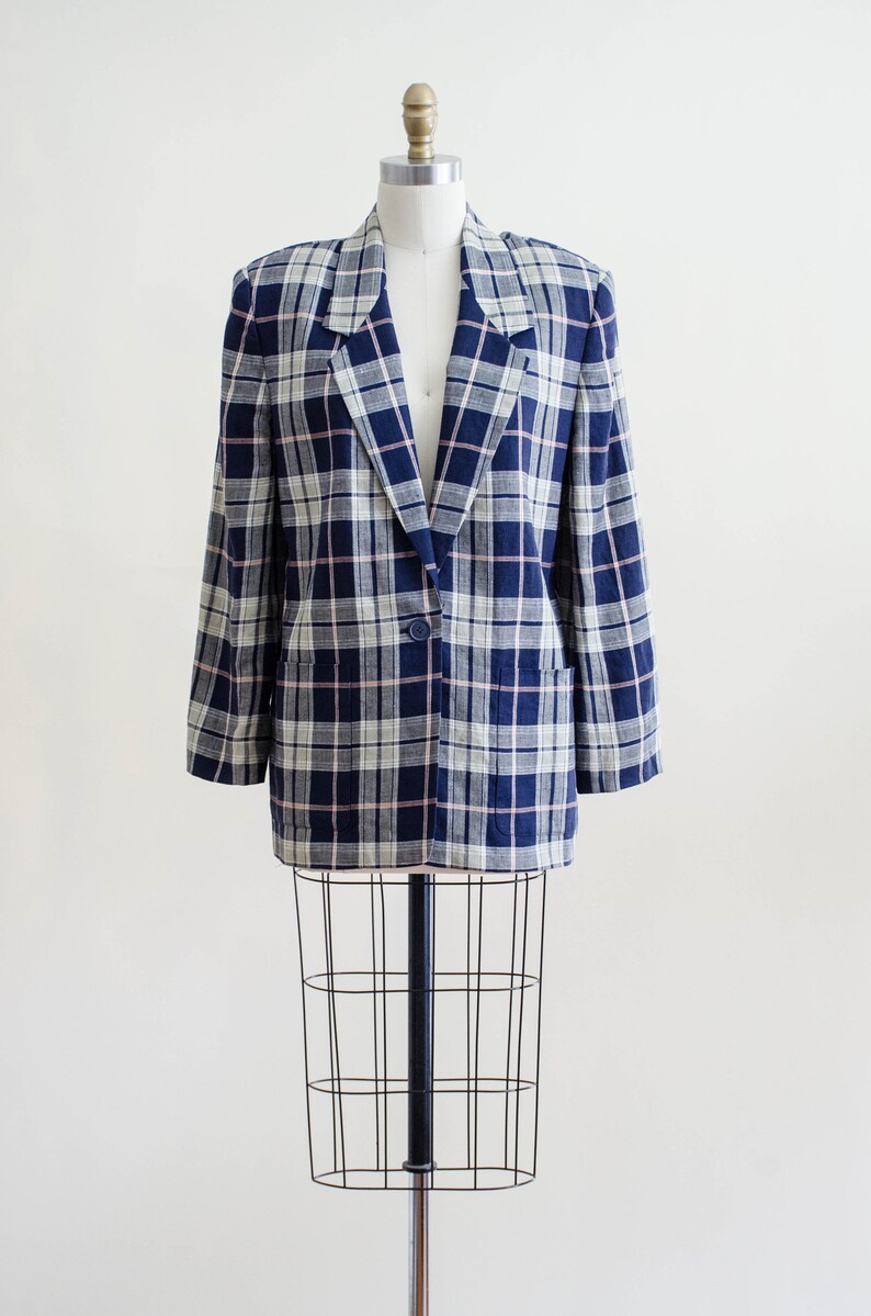 navy blue plaid jacket linen plaid blazer image 2