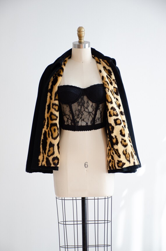 black wool cape 50s 60s vintage leopard print fau… - image 3