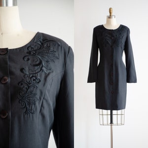 black silk dress 80s 90s vintage Ellen Ashley embroidered long sleeve mini dress
