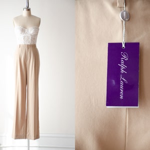 wide leg pants | designer Ralph Lauren Purple Label beige tan wool high waisted dark academia flare trousers