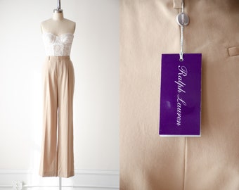 wide leg pants | designer Ralph Lauren Purple Label beige tan wool high waisted dark academia flare trousers