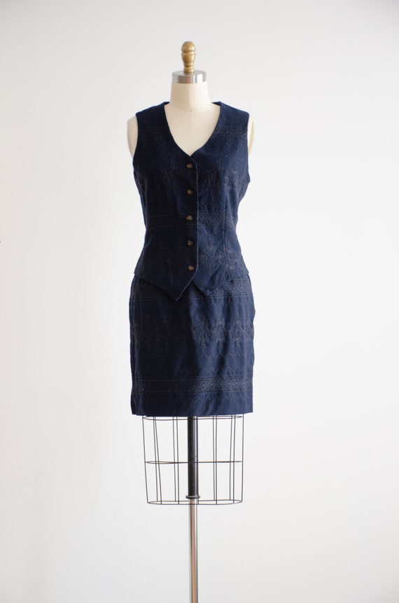 blue wool mini skirt suit 90s y2k vintage navy em… - image 4