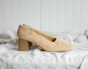 Zapatos de ante beige, estilo años 90, estilo vintage, minimalistas, con punta cuadrada y tacones de bloque, talla 8.5