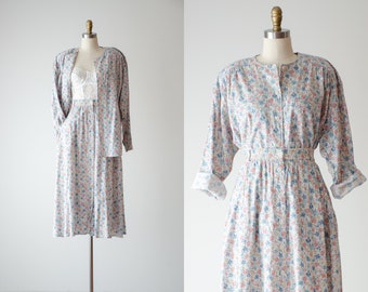 pastel midi skirt set | 80s 90s vintage Liz Claiborne white pink blue floral cotton cute cottagecore skirt long sleeve blouse