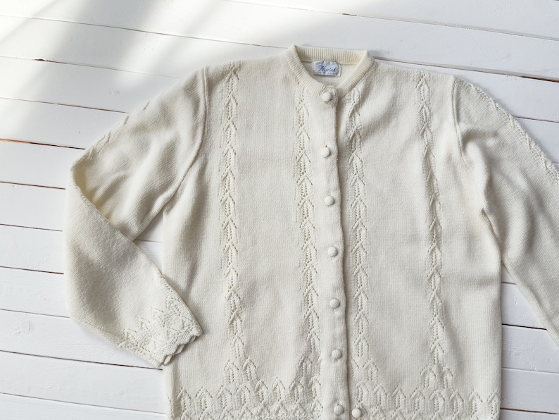 cream cardigan sweater 60s 70s vintage pointelle knit sweater image 1
