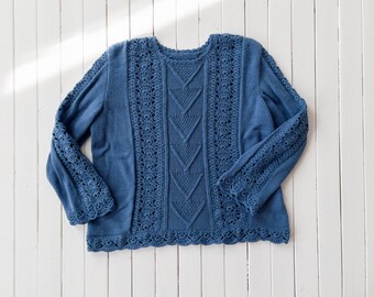 blue wool sweater | 80s 90s vintage French blue hand knit crochet sweater