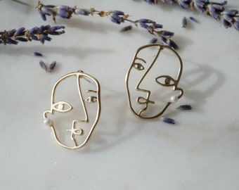 Picasso face earrings, gold abstract pearl face earrings, irregular modern earrings, gift for her