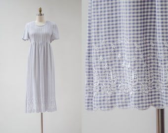 cute cottagecore dress | 90s vintage periwinkle dusty blue white gingham checkered plaid embroidered floral romantic maiden tie back dress