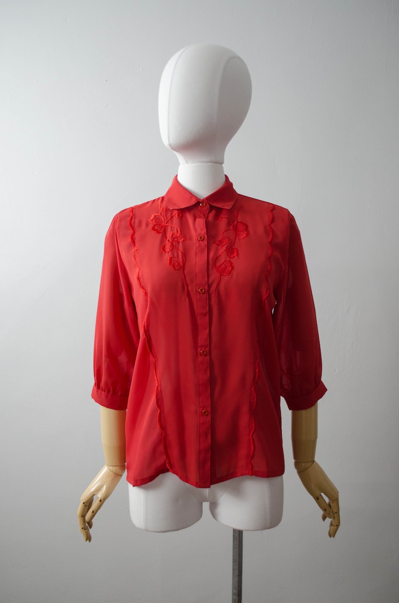 red chiffon blouse red sheer blouse embroidered blouse